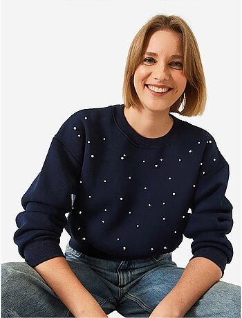 Sweat-shirt ras du cou en tissu brossé triple fil orné de perles lucci