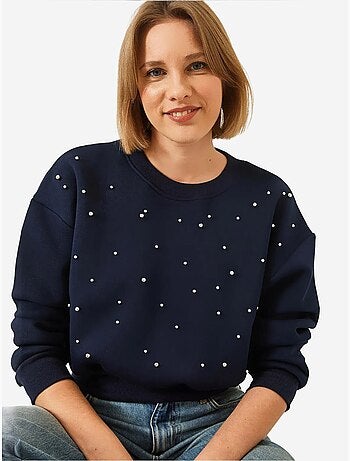 Sweat-shirt ras du cou en tissu brossé triple fil orné de perles lucci