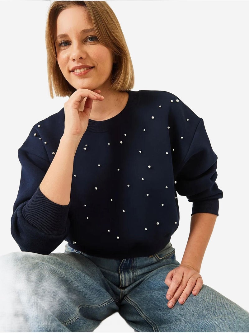 Sweat-shirt ras du cou en tissu brossé triple fil orné de perles lucci Bleu marine - Kiabi