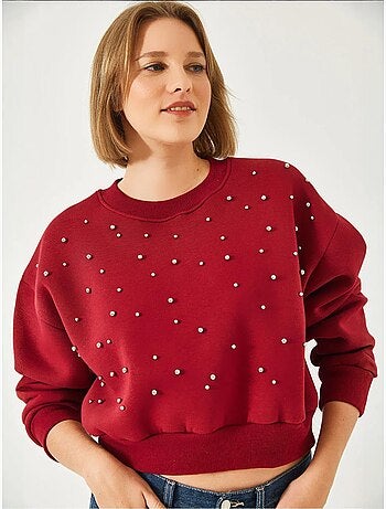 Sweat-shirt ras du cou en tissu brossé triple fil orné de perles lucci