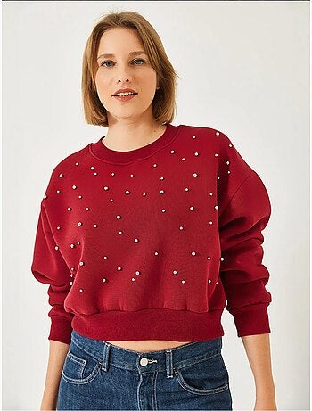 Sweat-shirt ras du cou en tissu brossé triple fil orné de perles lucci