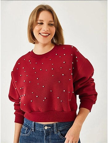 Sweat-shirt ras du cou en tissu brossé triple fil orné de perles lucci