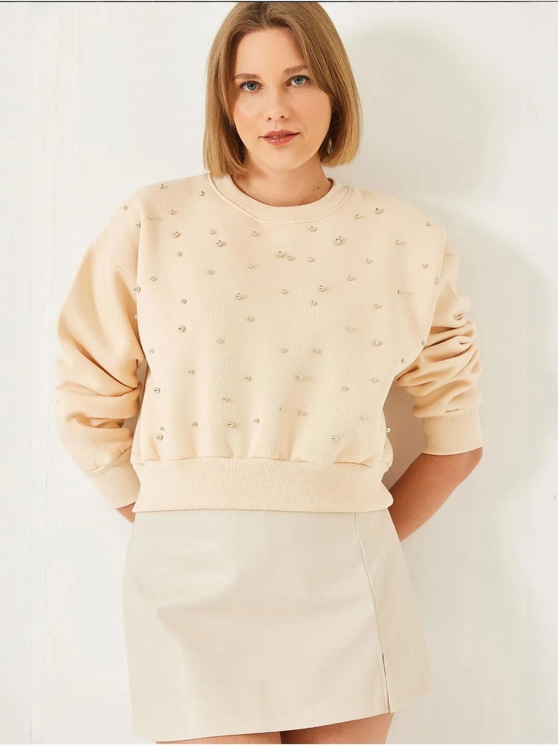 Sweat-shirt ras du cou lucci en tissu brossé triple fil orné de perles Beige argile - Kiabi