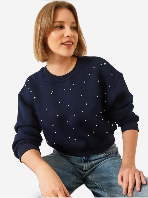 Sweat-shirt ras du cou lucci en tissu brossé triple fil orné de perles - Kiabi Sweat-shirt ras du cou lucci en tissu brossé triple fil orné de perles - Kiabi