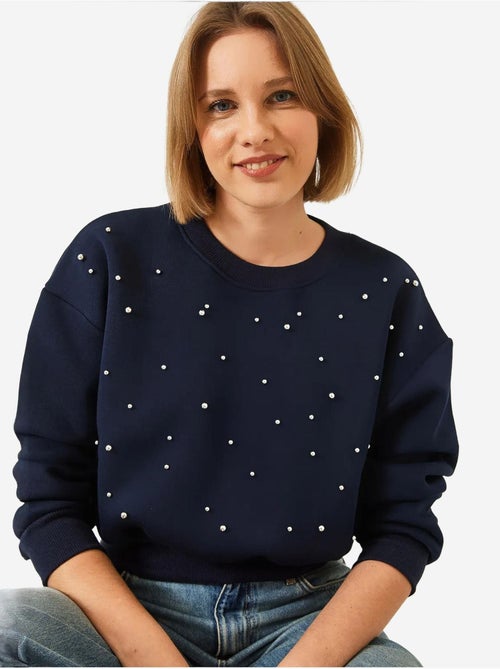 Sweat-shirt ras du cou lucci en tissu brossé triple fil orné de perles - Kiabi Sweat-shirt ras du cou lucci en tissu brossé triple fil orné de perles - Kiabi