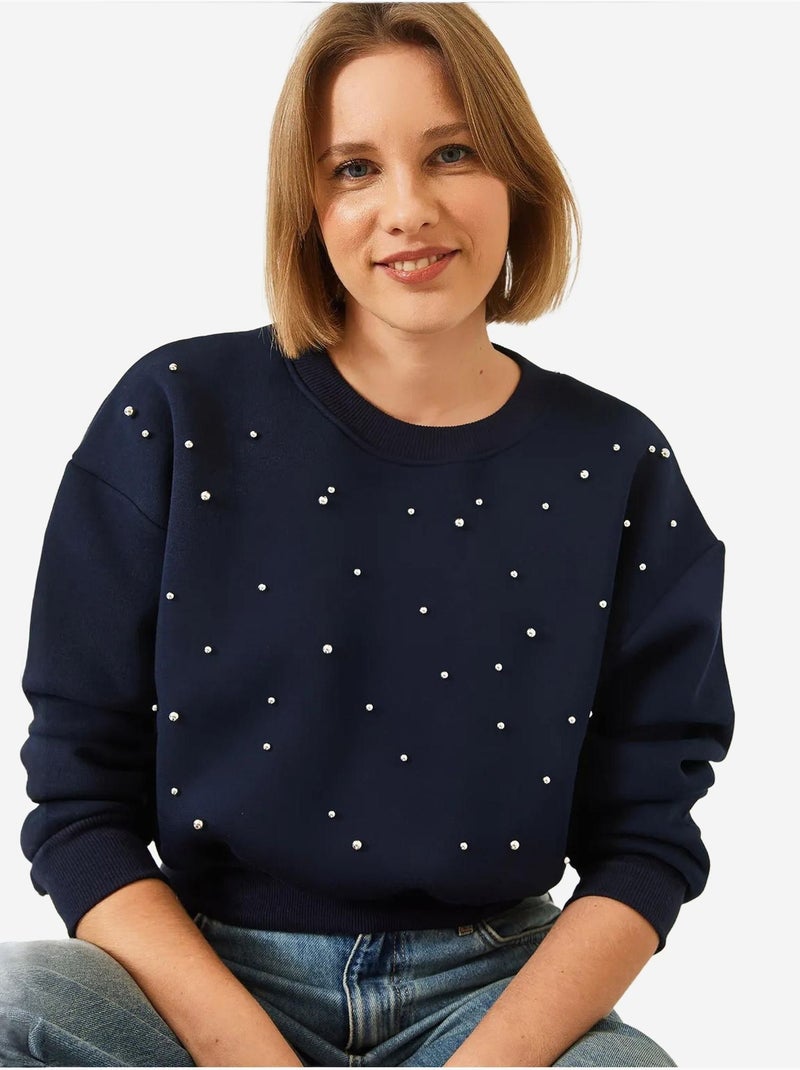 Sweat-shirt ras du cou lucci en tissu brossé triple fil orné de perles Bleu marine - Kiabi