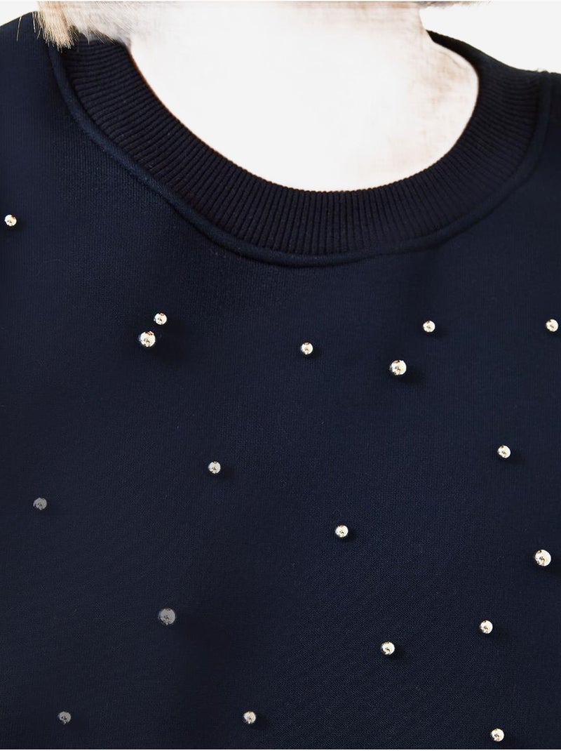 Sweat-shirt ras du cou lucci en tissu brossé triple fil orné de perles Bleu marine - Kiabi