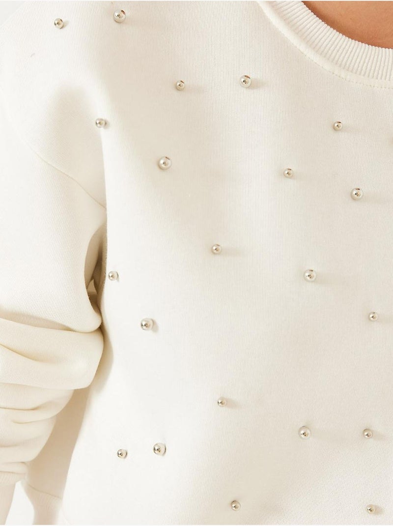 Sweat-shirt ras du cou lucci en tissu brossé triple fil orné de perles Crème - Kiabi