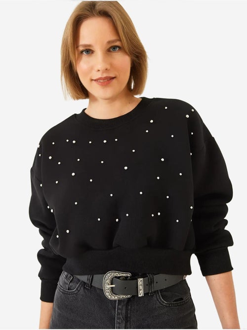 Sweat-shirt ras du cou lucci en tissu brossé triple fil orné de perles - Kiabi Sweat-shirt ras du cou lucci en tissu brossé triple fil orné de perles - Kiabi