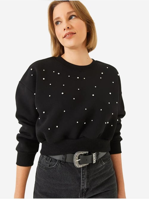 Sweat-shirt ras du cou lucci en tissu brossé triple fil orné de perles - Kiabi Sweat-shirt ras du cou lucci en tissu brossé triple fil orné de perles - Kiabi