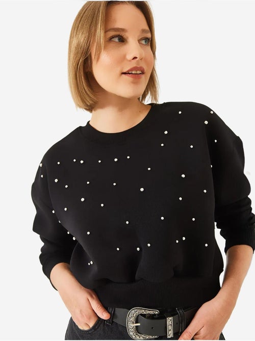 Sweat-shirt ras du cou lucci en tissu brossé triple fil orné de perles - Kiabi Sweat-shirt ras du cou lucci en tissu brossé triple fil orné de perles - Kiabi