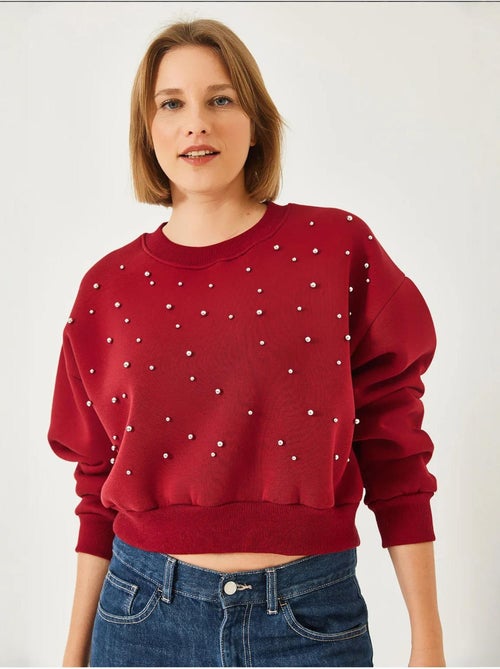 Sweat-shirt ras du cou lucci en tissu brossé triple fil orné de perles - Kiabi Sweat-shirt ras du cou lucci en tissu brossé triple fil orné de perles - Kiabi