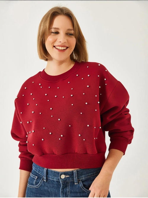 Sweat-shirt ras du cou lucci en tissu brossé triple fil orné de perles - Kiabi Sweat-shirt ras du cou lucci en tissu brossé triple fil orné de perles - Kiabi