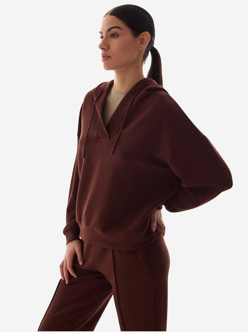 Sweat-shirt texturé soyeux à col v et manches longues penti Marron - Kiabi
