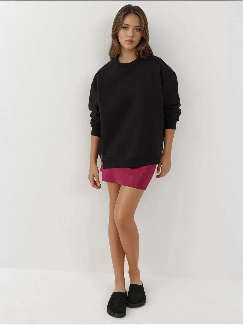 Sweat-shirt tricoté texturé à col ras du cou avec fermeture éclair hiccup Noir - Kiabi