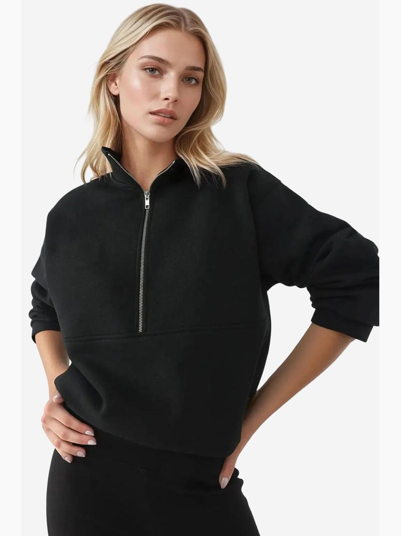 Sweat-shirt zippé à manches longues et coupe décontractée avec col chemise hiccup Noir - Kiabi