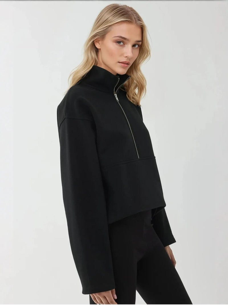 Sweat-shirt zippé à manches longues et coupe décontractée avec col chemise Noir - Kiabi