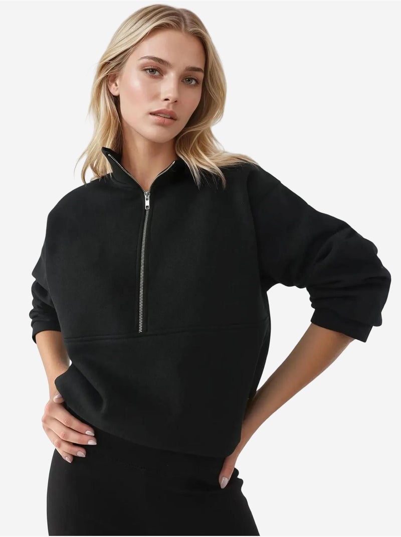 Sweat-shirt zippé à manches longues et coupe décontractée avec col chemise Noir - Kiabi