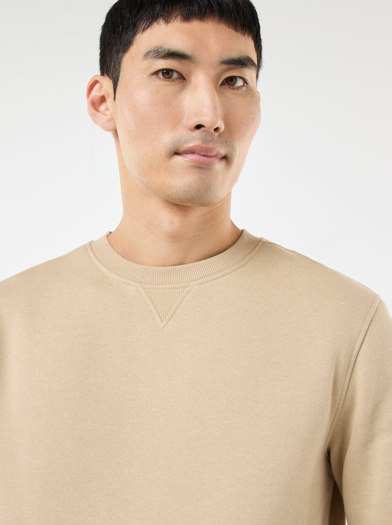 Sweat uni à col rond en molleton gratté Beige - Kiabi