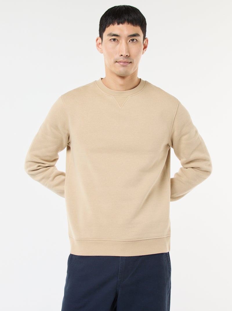 Sweat uni à col rond en molleton gratté Beige - Kiabi