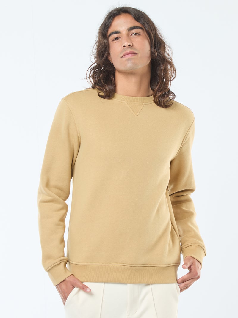 Sweat uni à col rond en molleton gratté Beige - Kiabi