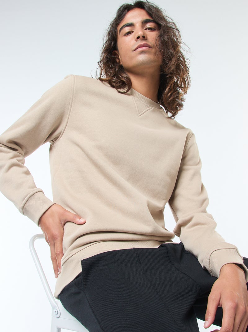 Sweat uni à col rond en molleton gratté Beige - Kiabi