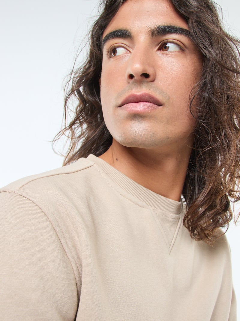 Sweat uni à col rond en molleton gratté Beige - Kiabi