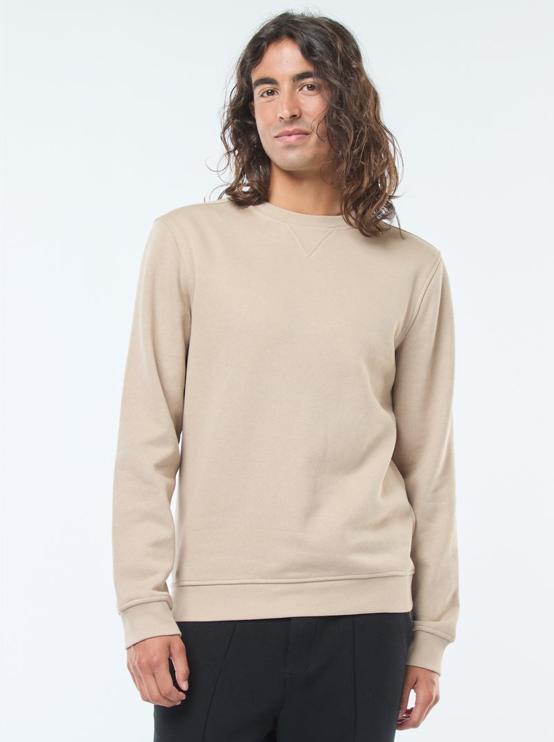 Sweat uni à col rond en molleton gratté Beige - Kiabi