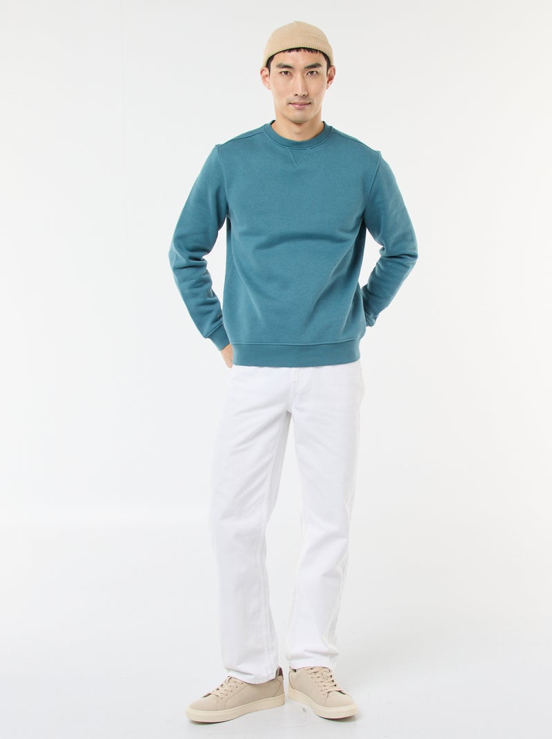 Sweat uni à col rond en molleton gratté Bleu - Kiabi