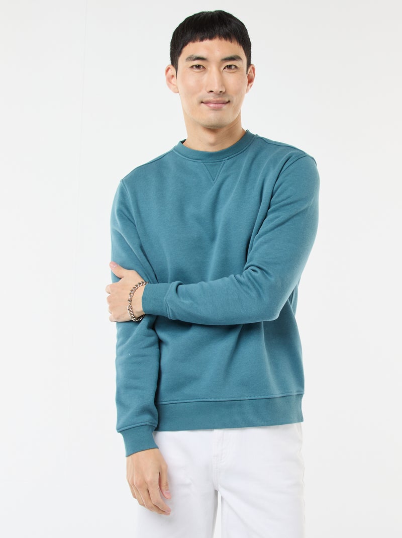 Sweat uni à col rond en molleton gratté Bleu - Kiabi