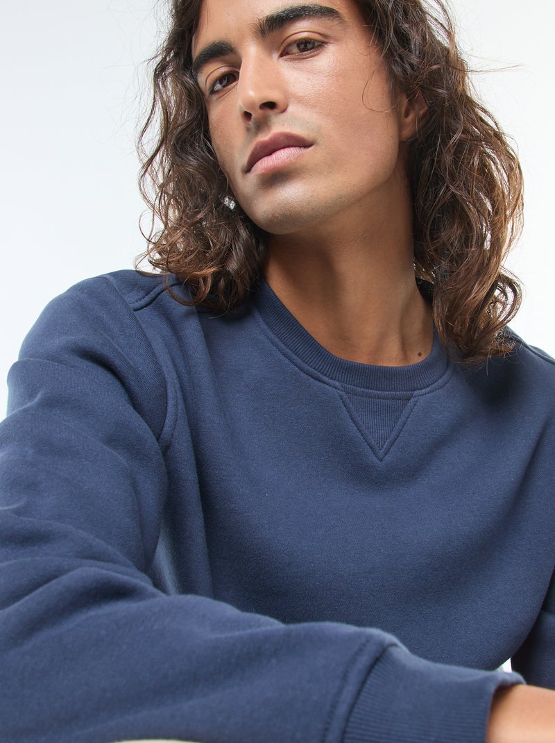 Sweat uni à col rond en molleton gratté Bleu - Kiabi