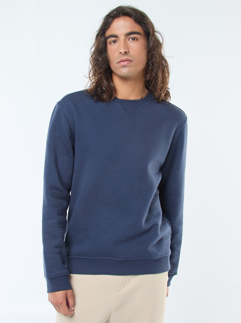 Sweat uni à col rond en molleton gratté Bleu - Kiabi