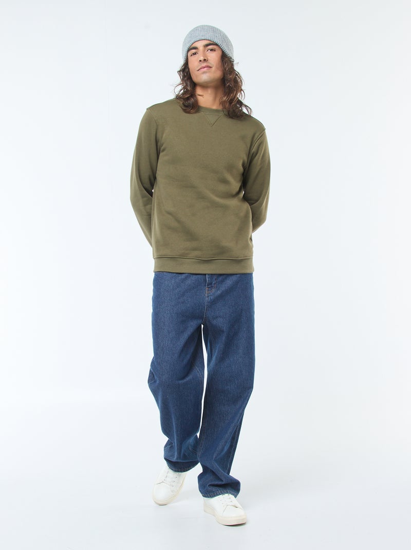 Sweat uni à col rond en molleton gratté Kaki - Kiabi