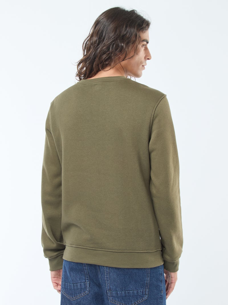 Sweat uni à col rond en molleton gratté Kaki - Kiabi