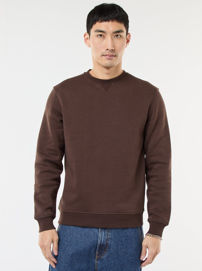 Sweat uni à col rond en molleton gratté Marron - Kiabi