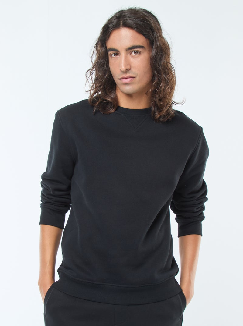 Sweat uni à col rond en molleton gratté Noir - Kiabi