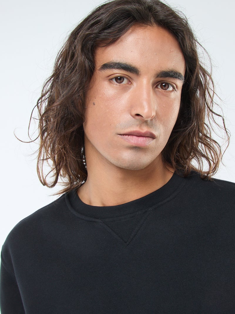 Sweat uni à col rond en molleton gratté Noir - Kiabi