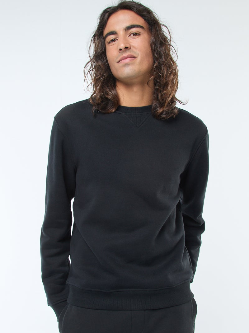 Sweat uni à col rond en molleton gratté Noir - Kiabi