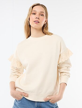 Sweat uni avec volants en borderies anglaises sur les manches