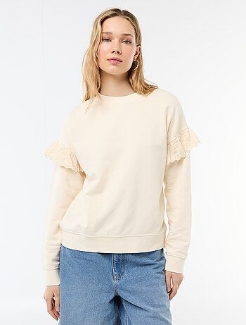 Sweat uni avec volants en borderies anglaises sur les manches