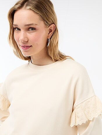 Sweat uni avec volants en borderies anglaises sur les manches