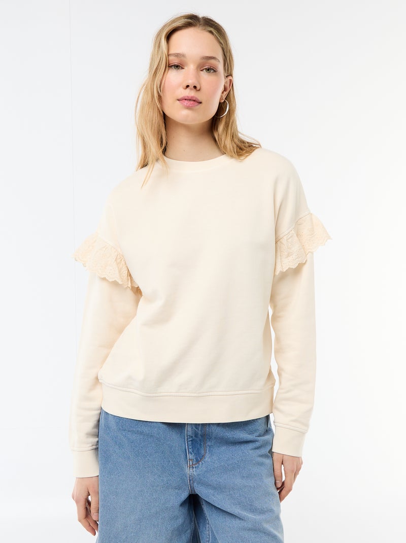 Sweat uni avec volants en borderies anglaises sur les manches Blanc - Kiabi
