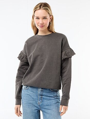 Sweat uni avec volants en borderies anglaises sur les manches