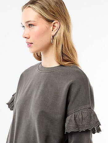 Sweat uni avec volants en borderies anglaises sur les manches