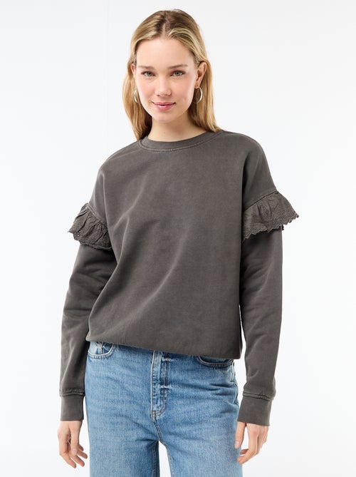 Sweat uni avec volants en borderies anglaises sur les manches - Kiabi