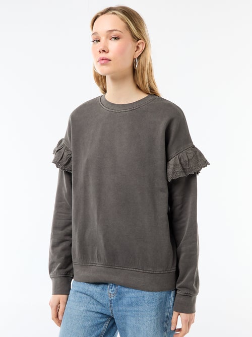 Sweat uni avec volants en borderies anglaises sur les manches - Kiabi