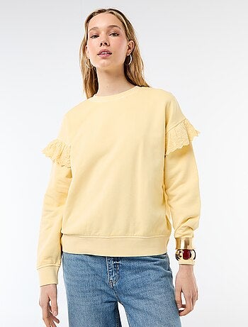 Sweat uni avec volants en borderies anglaises sur les manches