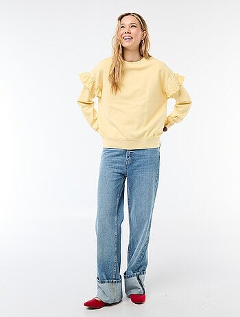 Sweat uni avec volants en borderies anglaises sur les manches