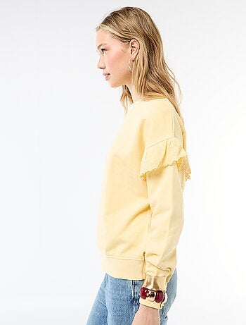 Sweat uni avec volants en borderies anglaises sur les manches