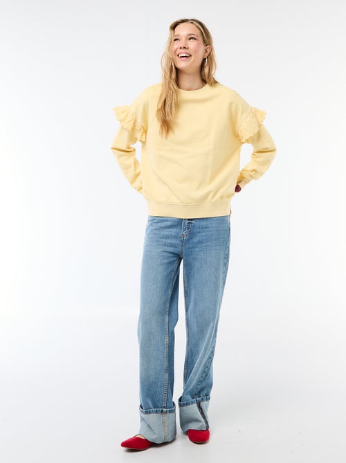 Sweat uni avec volants en borderies anglaises sur les manches - Kiabi